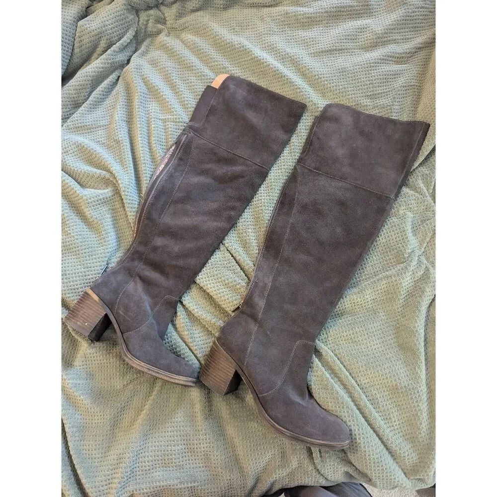Lucky Brand Rayla Gray Suede Leather Block Heel Rear Zip Over Knee Boots 9m/39